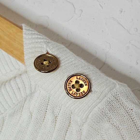 Lauren Ralph Lauren Cable Knit Button Shoulder Sweater White 100% Cotton M - Picture 2 of 4